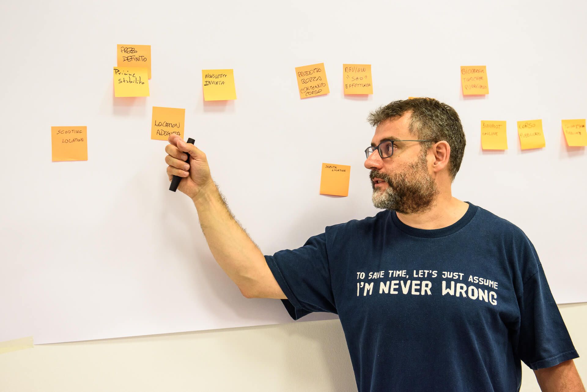 Alberto Brandolini pointing to an orange sticky note during an EventStorming Masterclass
